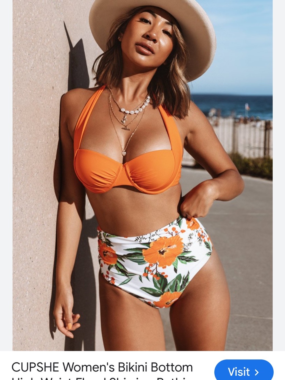 Cupshe Orange Halter Bikini Top with White Floral High-Waist Bottom xl